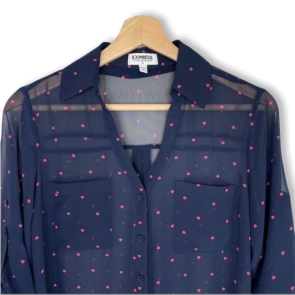 Express Portofino Shirt Semi Sheer Navy Heart Print Button Down - Picture 2 of 8